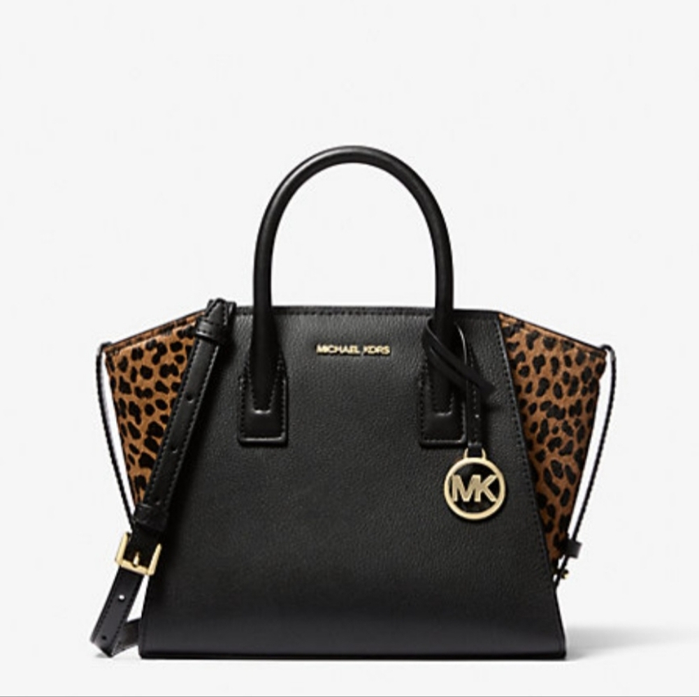 Michael Kors Avril Small Black Leather And Cheetah Print Calf Hair Satchel Bag